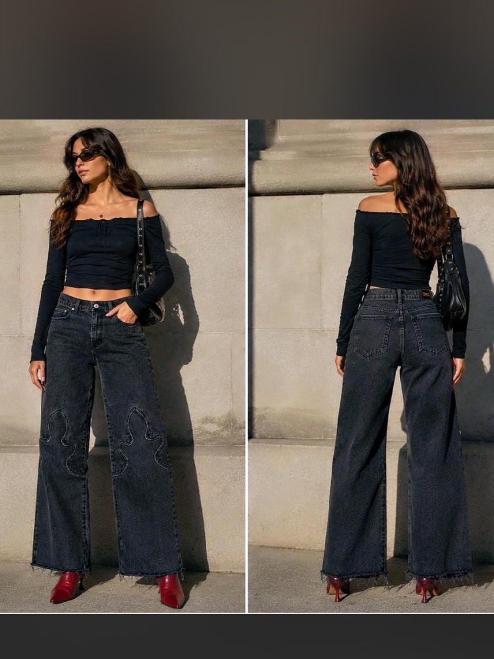 Revice Denim Black Wide Leg Jeans Gingerbread Patch Raw Hem Size 27